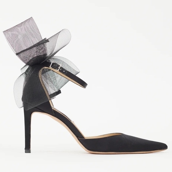 Jimmy Choo Averly 100 Black Mesh Bow Satin Pointed Toe Stiletto Heel Pumps - Picture 4 of 9